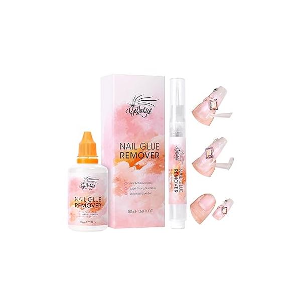 Nail Glue Remover with Pen Tool Kit for Press on Nails, 50ml Acetone-Free Solution False Acrylic Fake Tips, Pro Click & Remove Design