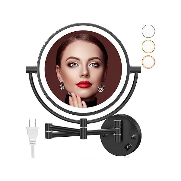 1X/20X Wall Mounted Makeup Mirror with Light, 8" Double-Sided Magnifying Mirror, 3 Color Lights Touch Dimmable Vanity 360° Extension Rotation Foldable 14.5 Inch Arm, Chrome