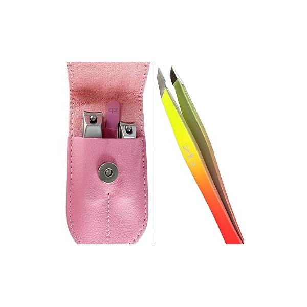 3 Piece Nail Clipper Set and Sherbet Ombré Slant Tweezers for Eyebrow Facial Hair Removal - Fingernail & Toenail Clippers with File Pink Travel Case Bundle