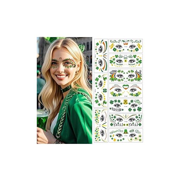 St. Patrick's Day Tattoos, Glitter Shamrock Face Eye Temporary Tattoo Stickers for Women, Green Clover Irish Party Makeup Decor Saint Patrick’s Art Decorations Fake Tattoos 10Sheets