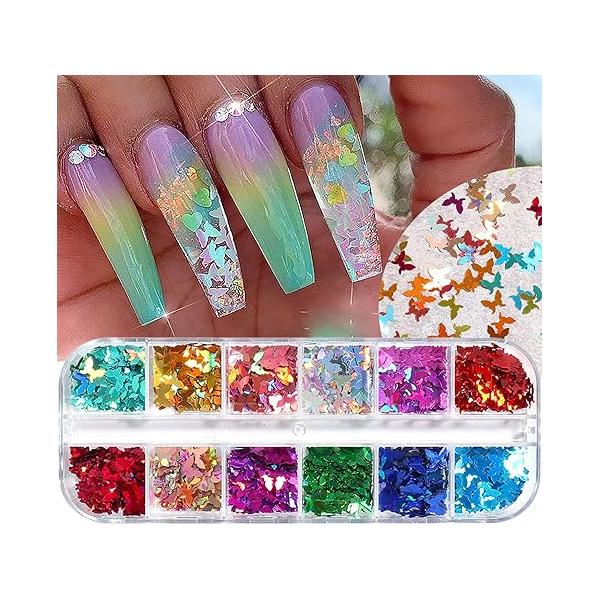 Square Glitter Nail Art Sequins, 12 Colors Rectangle Glitters Flakes Design, Holographic 3D Sparkly Acrylic Nails Supplies for Women Girls Manicure Powder Charms Decorations, DIY Shiny Tips