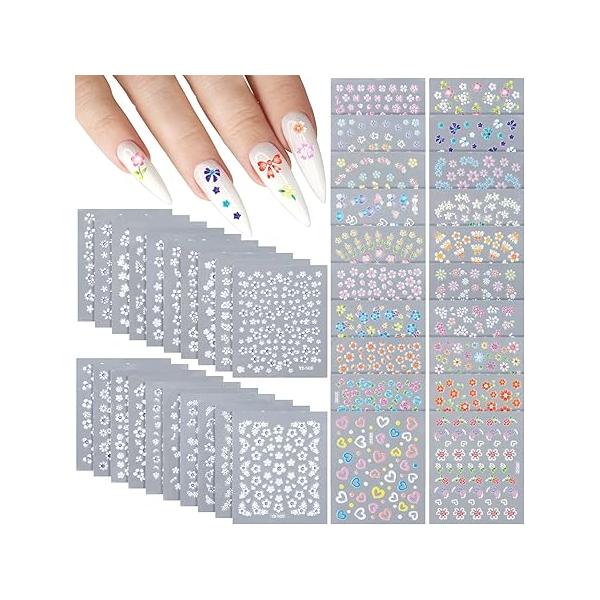 40 Sheets Colorful Heart Flowers Nail Art Sticker Spring Summer 3D Self Adhesive Floral Daisy Decals Valentine Wedding Prom Decoration for Acrylic Nails Women Girls DIY Manicure Salon