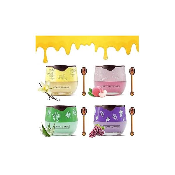 4PCS Bee Lip Balm Honey Pot, Fruit Moisturizing Propolis Mask, Mask Overnight Hydrating Prevention Dry and Crack Scrubs Exfoliator Care Products (A)