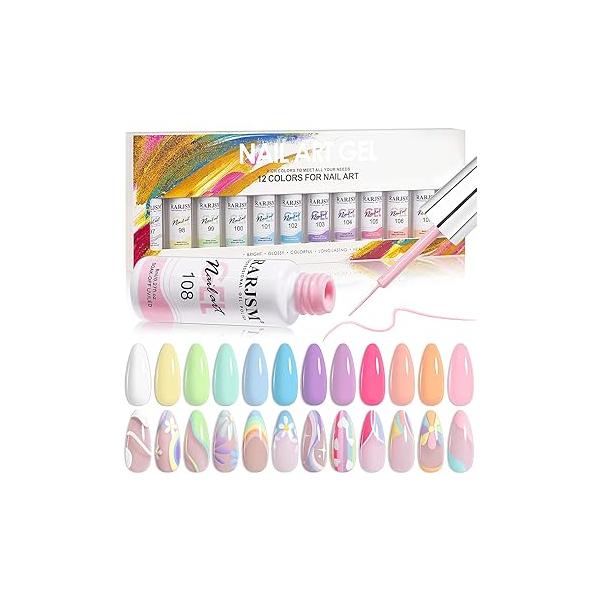 RARJSM Nail Art Gel Liner Painting Polish Set,12 Pastel Colors Spring Summer Collection,Painted Set Build in Thin Brush Soak Off Curing Requires Salon DIY Design Line 8ML