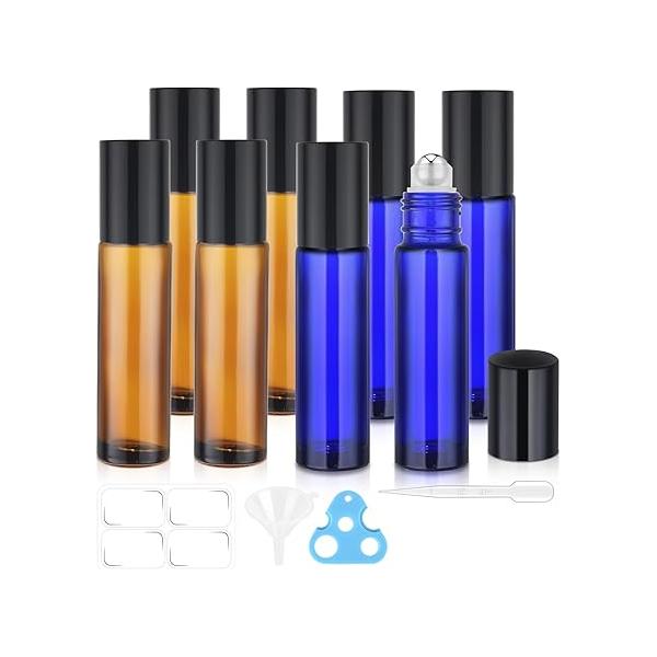 8 Pack Essential Oil Roller Bottles, 10ml Amber Glass Roll on Stainless Steel Ball, Opener, Plastic Pipettes, Funnel, Stickers, Refillable Container for Perfume