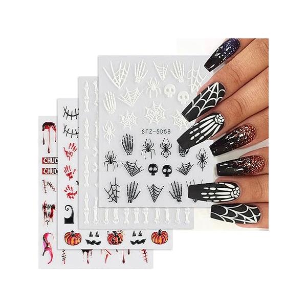 5D Halloween Nail Art Stickers Decals Embossed Horror Ghost Skull Pumpkin Bat Spider Bloody Scary Eye Wound Design Party Supplies Accessories 4 Sheets