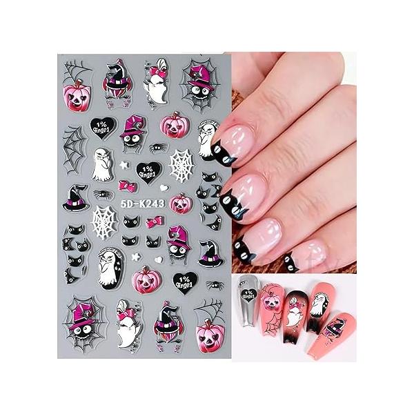 5D Halloween Nail Art Stickers Decals Embossed Horror Ghost Skull Pumpkin Bat Spider Bloody Scary Eye Wound Design Party Supplies Accessories 4 Sheets