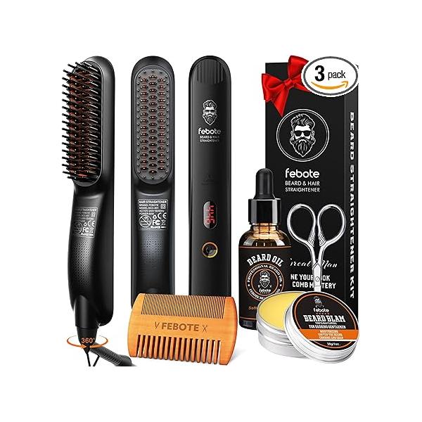 Beard Straightener Kit w/Beard Straightener, Balm, Growth Oil, Styling Comb & Scissors, Upgraded 5-in-1 Straightening, Unique Stocking Stuffer Gifts for Friend, Father Him