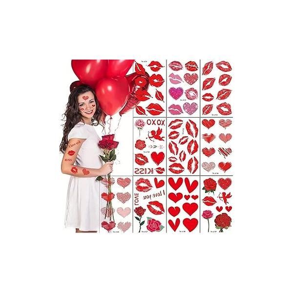 Valentines Temporary Tattoo Stickers Red Heart Lips Easy Use Water Transfer Tattoos Waterproof for Day Party Makeup Art Decor 10pcs