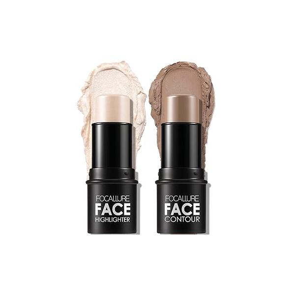 FOCALLURE 2 Pcs Mineral Cream Contour Stick,Moisturize Highlighter and Bronzer Pen,Non Stick Face Brightens & Shades Pencil,Long Lasting Smooth Gliding Illuminator Makeup,Light-medium