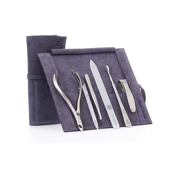 GERMANIKURE 6pc Manicure Set in Purple Suede Case - FINOX Stainless Steel Tools Made Germany, Glass Nail Care Supplies Czech Republic - Professional Cuticle and Kit