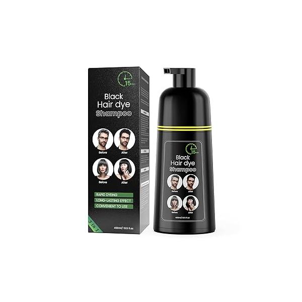 Black Hair Dye Shampoo, Semi-Permanent Color Shampoo for Women and Men, Herbal Ingredients No Ammonia, 3 in 1-100% Grey Coverage 400ml/ 13.5 fl.oz