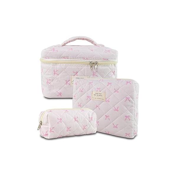 3Pcs Makeup Bag Cotton Quilted Travel Cosmetic Cute Floral Pouch Large Toiletry for Women Girls (Bow-Pink4)