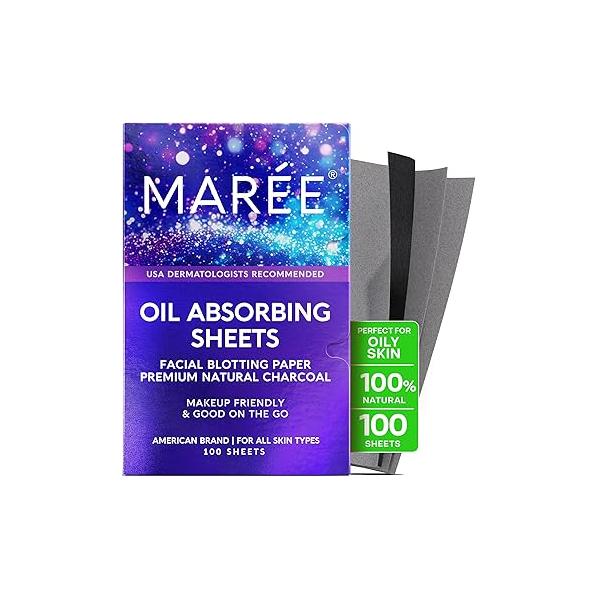 MAREE Oil Blotting Sheets for Face (100 Sheets) - Mineral Papers For with Bamboo Charcoal Maximum Absorption & Shine Control Makeup-Friendly Wipes Oily Skin
