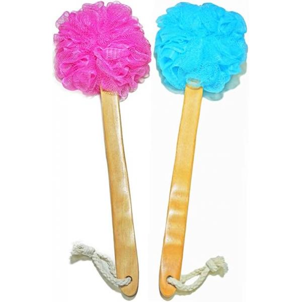 Shower Loofah Body & Back Scrubber - Exfoliating Bath Brush On a Stick with Long Wooden Handle for Men Women Easy Reach Wash Lotion Applicator（ 2 Pack- White&Green）