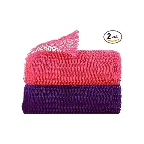 2 Pcs African Bath Sponge Net Long Exfoliating Shower Body Scrubber Back Skin Smoother, Dead Remover, Great for Daily Use (Pink, Purple)