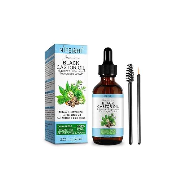 Castor Oil Cold Pressed Unrefined Glass Bottle, 100% Pure & Natural, with Rosemary for Hair Growth, Eyelashes, Nails Care, Relief Face Body Moisturizer 2.02 Fl Oz