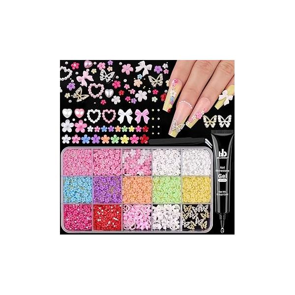 3D Nail Charms with Rhinestone Glue Gel for Art, Colorful Acrylic Flowers Caviar Beads and Flatback Pearls, Butterfly + Pearl (Bow Heart) Manicure Decor