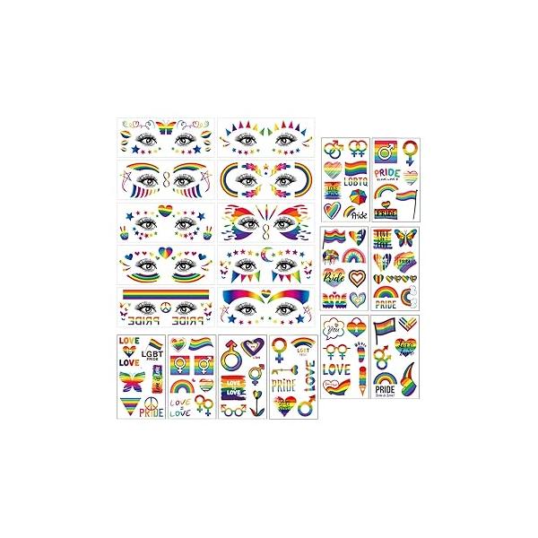 20 Sheets Pride Day Rainbow Temporary Tattoo Sticker LGBT Gay Fake Tattoos Face Eye Waterproof Removable Heart Love Stripes for Body Art Parades Celebrations Festival Party Supplies