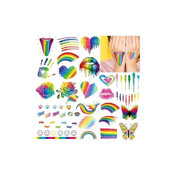 140PCS Colorful Temporary Tattoos - Rainbow Lips Butterfly Rose Heart Tattoo Body Stickers Pride Equality Parades Celebrations (9 Sheets)