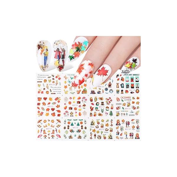 Fall Nail Stickers Autumn Maple Leaf Art Decals Thanksgiving Day Water Decal Transfer Slider Set Turkey Pumpkin Foil Supplies Accessories Decoration Manicure Tips 12 Design