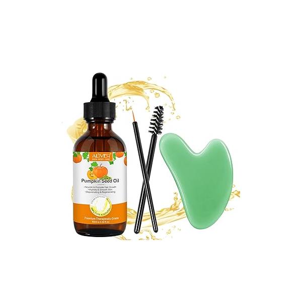 AIQIUSHA Pumpkin Seed Oil with Gua Sha Facial Tools for Hair Growth,60ML,100% Pure RAW Cold Pressed For Anti Aging Wrinkle,Massage Oil,Hair and Scalp Care,Vitamin E Skin