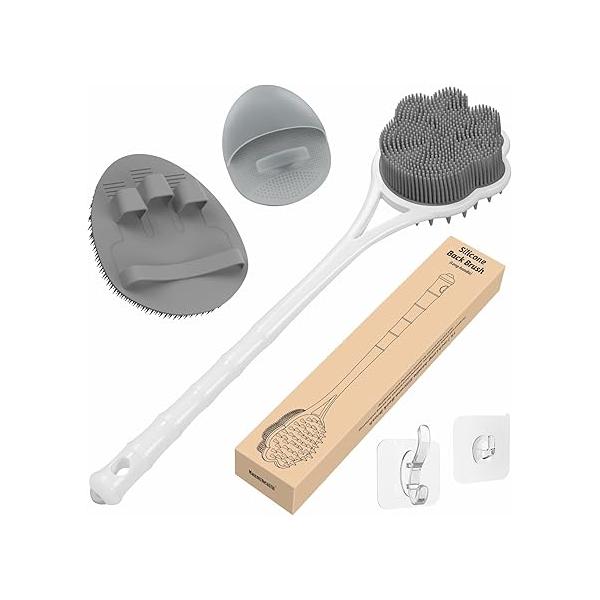 Manmihealth 15.7" Cute Silicone Back Scrubber & Soft Shower Brush Face Set (3 PCS), Paw-Shaped Body Facial with Super-Soft Bristles Combination(PinkSet)