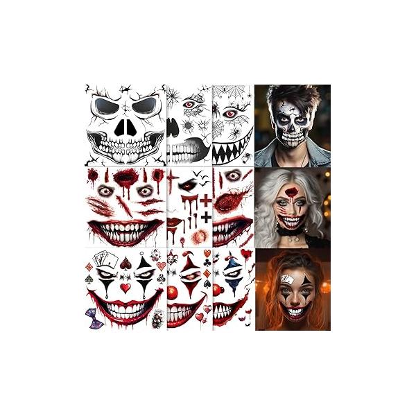 5 Sheets Halloween Scary Face Tattoos+1 Sheet Fake Scars Stitches Tattoo,Bloody Mouth Tattoo,Halloween Zombie Make Up,Fake Wounds,Halloween Prank Makeup Temporary Tattoo (B)