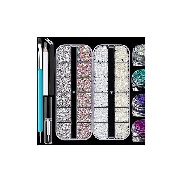 Colorful Face Gems for Makeup Set, Flatback Gorgeous Charming Shining AB Glass with Glue, Tweezer, Picker Pencil Eye Body Hair Make-up and Nail Art Deco