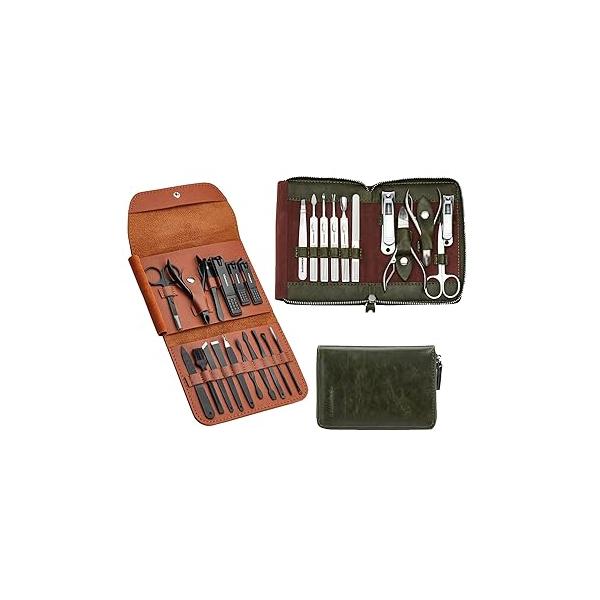 FAMILIFE Manicure Set, Nail Kit 11 in 1 pedicure kit Stainless Steel Mens Leather and Gifts for Men, 16pcs Set Clippers Pedicure Clipper