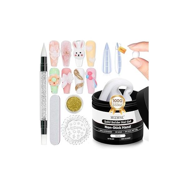 MIZHSE 100g Solid Builder Gel for Nails, Large Capacity Clear 3D Sculpting Non-sticky Hand Building Carving Modeling Hard Nail Extension with Silicone Mold Art Salon