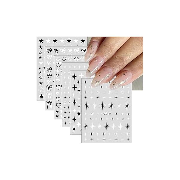6 Sheets Stars Nail Art Stickers Bow Knot Self-Adhesive DIY Decals Black White Cute Heart Star for Little Design Decoration Women Decorations