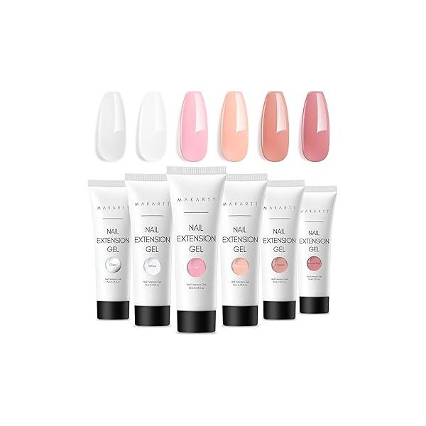 Makartt Poly Nail Gel Kit: 6 Nude Colors Solid Builder 15ML for Extension Enhancement Set with Slip Solution Base Top Coat Dual Forms All in One Hard Gels Nails Starter Supplies Kit