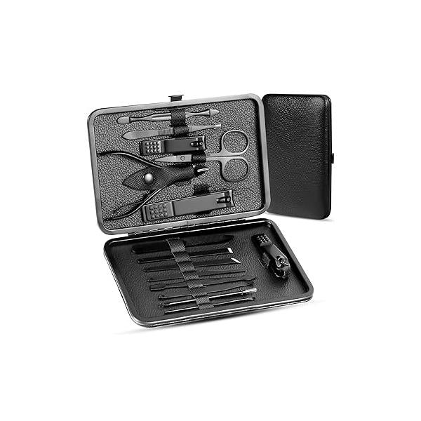 Manicure Pedicure Kit Nail Clippers Set Fingernails & Toenails Vibrissac Scissor 5 Pieces Best Care Tools for Man Women with Travel Case (Gray/Black_A)