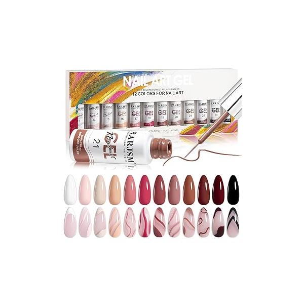 RARJSM Nail Art Gel Liner Painting Polish Set,12 Pastel Colors Spring Summer Collection,Painted Set Build in Thin Brush Soak Off Curing Requires Salon DIY Design Line 8ML