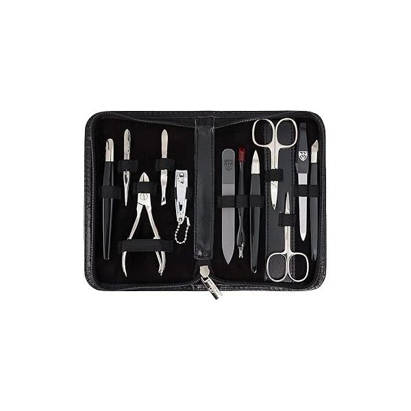 3 Swords Germany - brand quality 12 piece manicure pedicure grooming kit set for professional finger & toe nail care with red synthetic leather case - Made in