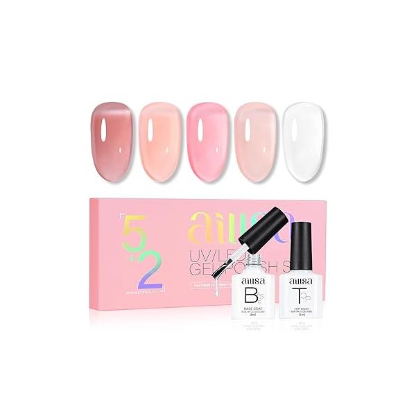 AILLSA Nude Pink Gel Nail Polish Set - White, Red, Milky Neutral Translucent with Base and Top Coat 5+2 Kit Bright Wedding Color Jelly Soak Off U V Manicure Salon DIY at Home