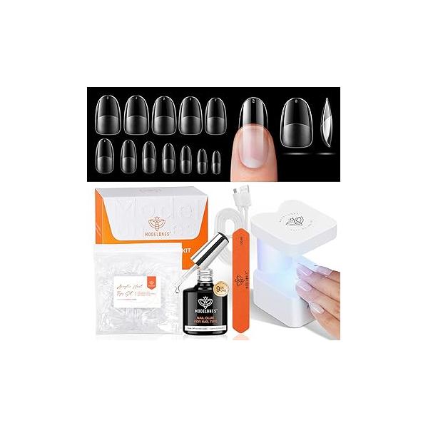 modelones Gel Nail Kit Short Almond Tips, 9-in-One Glue with Portable U V Lamp, 216Pcs 12Sizes Press On Acrylic False Nails Tip Extension DIY Art Gift for Women
