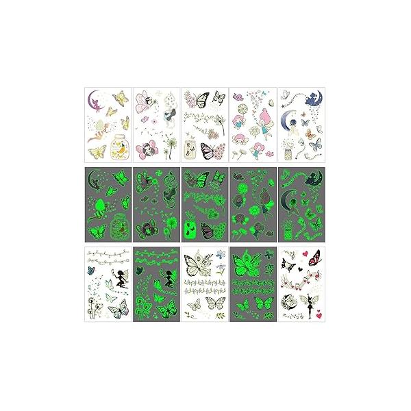 60+ Temporary Tattoos for Kids Girls, Glow in the Dark Luminous Children Birthday Party Supplies Favors Tattoo Stickers, 8 Pack Fairy Flower Designs on Body Hand Arm Face