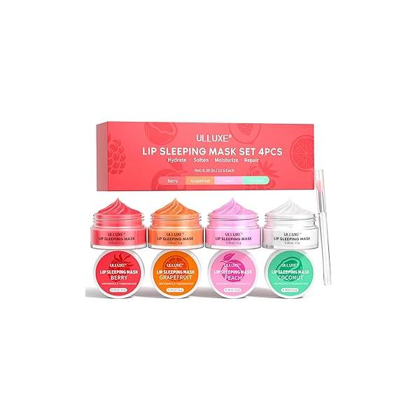 Lip Mask Set 4 Pcs, Overnight Sleeping with Shea Butter, Hyaluronic Acid & Vitamin C Nourishes Hydrates Dry, Flaky Lips, Moisturizing Repair Balm Care Gift for Women