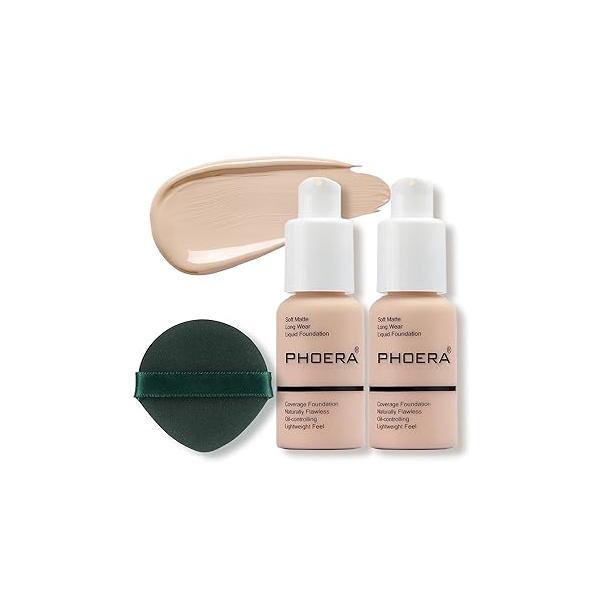 PHOERA Foundation Makeup, Flawless Soft Matte Oil Control Liquid Foundation, Full Coverage Mattle Oil-Control Concealer for Older Women, Great Choice For Gift (#102 Nude)