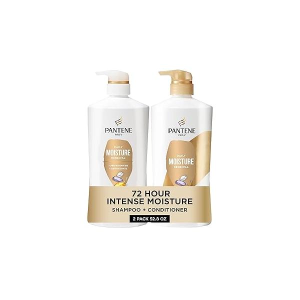 Pantene Shampoo & Conditioner Set, Daily Moisture Renewal - Pro-V Nutrients for Dry, Color-Treated, Straight to Curly Hair, 72-Hour Hydration Softness, 52.8 Oz Total + Miracle Rescue Shot (0.5 Oz)