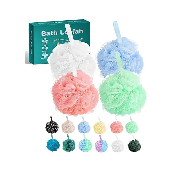 Amazerbst 4 Pack Bath Sponges Mesh Balls Shower Loofahs Wash Back Body Cleaning Scrubber Exfoliator Loofah Sponge Bathing Accessories Women Men