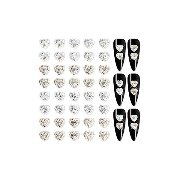 20 Pieces Cute Heart Nail Charms with Rhinestones 3D Jewelrys Big Gold and Silver Art Studs for Women Nails Decoration Gems Jewels (Gold&Silver)