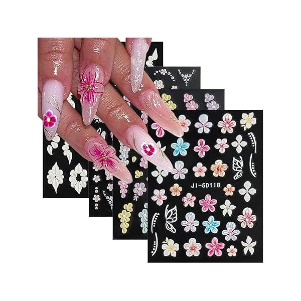 5D Embossed White Flowers Nail Stickers, 5 Sheets Self-Adhesive Floral Decals, Spring Rose Butterfly Art, 3D Acrylic for Manicure Decor