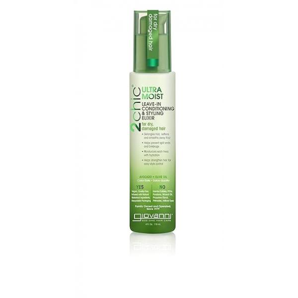 GIOVANNI 2chic Ultra-Moist Leave-In Conditioning Styling Elixir - Smoothes Frizz Prevents Breakage, For Dry & Damaged Hair, Avocado Olive Oil, Enriched with Aloe Vera, Shea Butter 4 fl oz