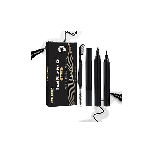 4PCS Beard Pen Filler and Brush Double Head for Men, Enhancement Barber Pencil Kit Water Proof Long Lasting Coverage, Dye Eyebrow Hairline Moustache(Black)