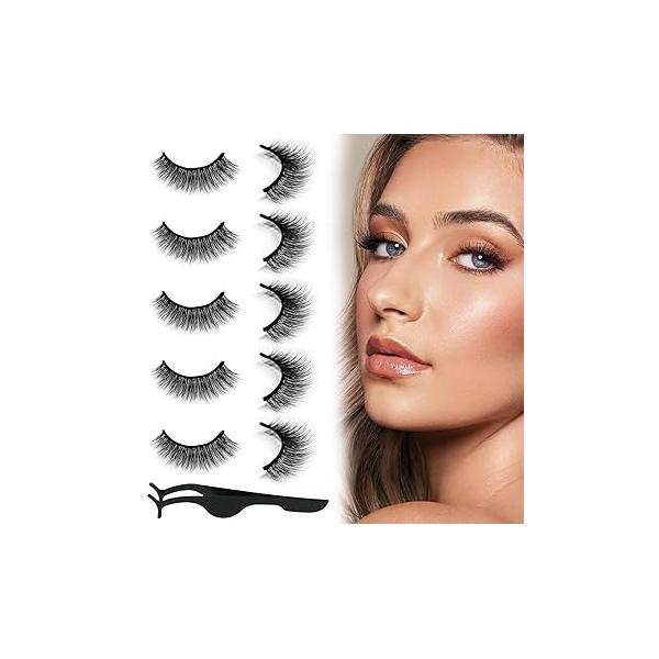 5 Pairs Mixed Self Adhesive Eyelashes, False Eyelashes Natural Look, Waterproof Lashes with Tweezers, Reusable Sticking No Glue for Women