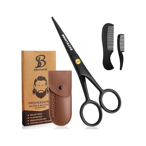 5” Professional Beard and Mustache Scissors, German Steel Scissors Come with Comb, Comb Carrying Pouch. Grooming Scissor for All Facial Hair (Black).