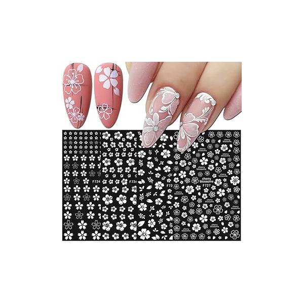 White Flower Nail Stickers 3D Small Fresh Cherry Blossoms Decals Flowers Art Supplies Floral Design Charms for Women Girls Manicure Tips Decoration Accessories (4 Sheets)
